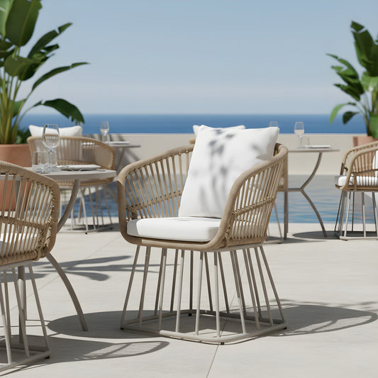 Outdoor Dining Chair MP1 - Teak Finish Wicker & Beige Steel Frame, 300LBS Weight Capacity, Includes Cushion