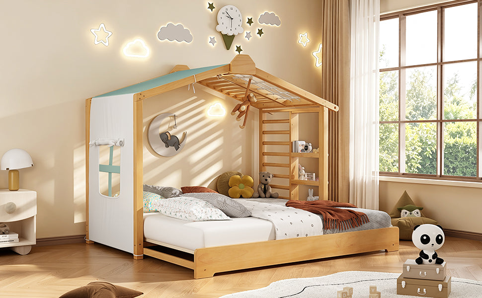 Twin Size House Bed with Twin Size Trundle and Side Shelves, Natural