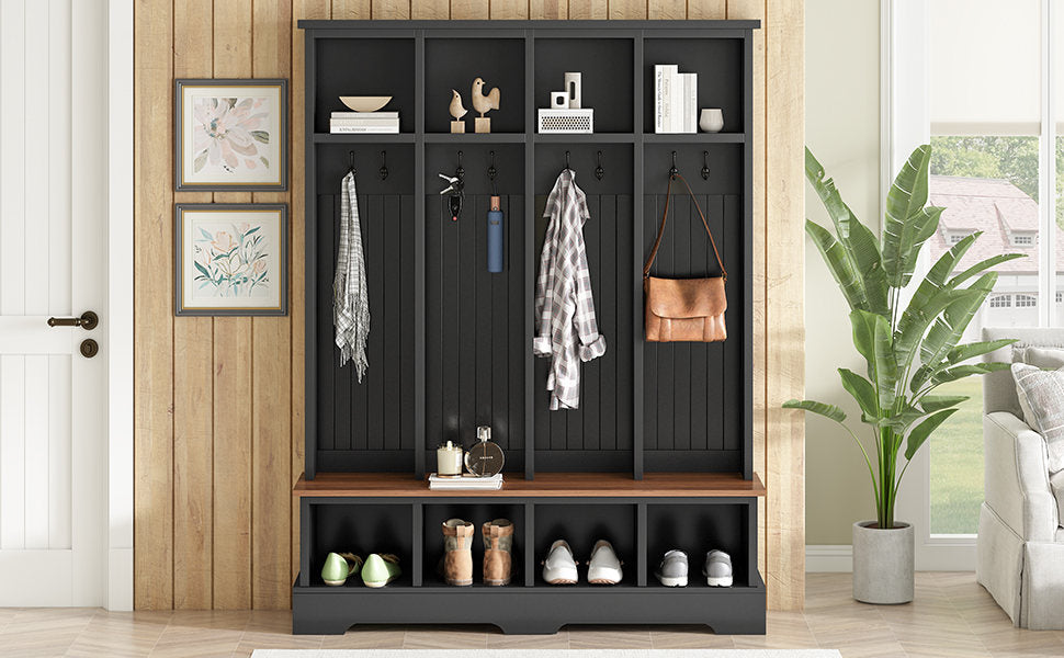 Farmhouse Hall Tree with 8 Hooks, Practical Entryway Bench with Open Compartments, 76.7'H Modern 3-in-1 Wooden Style Coat and Shoe Rack for Mudroom, Living Room, Black