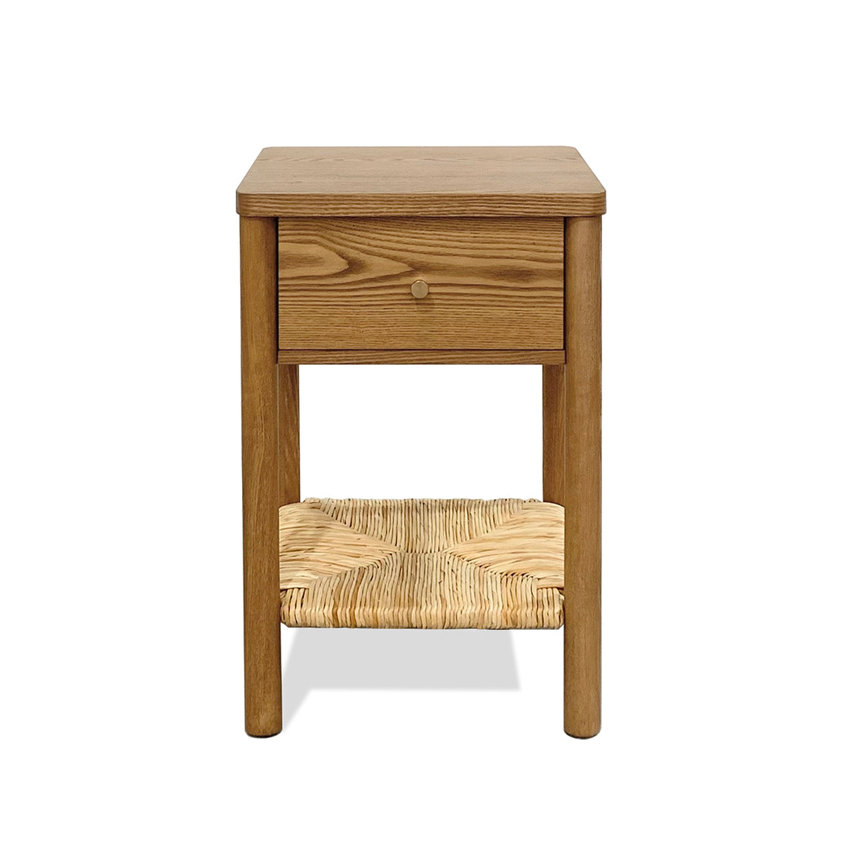 Walnut Ainsley Nightstand Side End Table with Rounded Edge Tabletop, Solid Wood Round Legs, Woven Jute Storage Shelf & Drawer, for Bedroom Living Room
