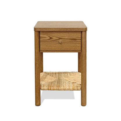 Walnut Ainsley Nightstand Side End Table with Rounded Edge Tabletop, Solid Wood Round Legs, Woven Jute Storage Shelf & Drawer, for Bedroom Living Room