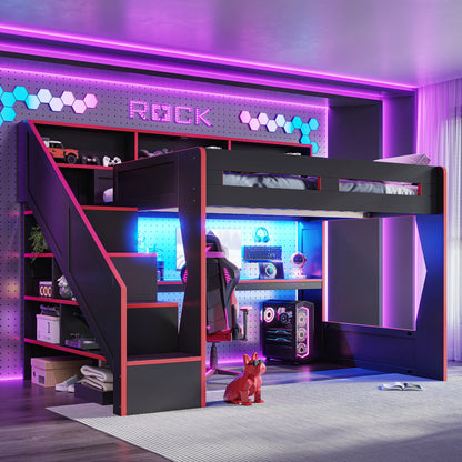 Queen Size Gaming Loft Bed with Storage Stair & Open Headboard Shelves, LED Light & USB Charging Desk, Elevated Loft Bed Frame with House-Shaped Cutout Design for Gamers,Black&Red