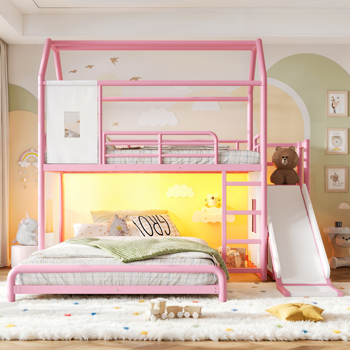 Twin over Full Playhouse Metal Bunk Bed with Slide & Ladder, House Shaped Bunk Bed with LED Light Strip, Privacy Curtain, Movable Storage Cabinet and Hanging Rod, Twin over Full Kids Bunk Bed , Pink