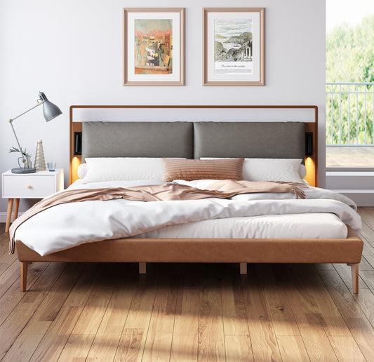 Brown&Gray Leather King Bed with 2pcs Night Lights