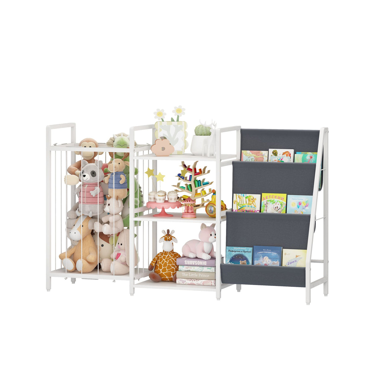 Kids Bookshelf and Toy Storage, 3-in-1 Book Shelf for Kids Rooms, Sling Baby Bookcase with Stuffed Animal Storage, Toddler Montessori Bookshelf for Nursery, Playroom, Kindergarten, Gray