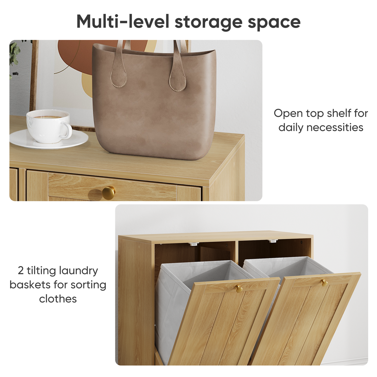 Tilted Laundry Hamper with Removable Basket, Hidden Laundry Hamper, Bathroom Laundry Hamper Storage Cabinet, Free-Standing Home Organizer, oak