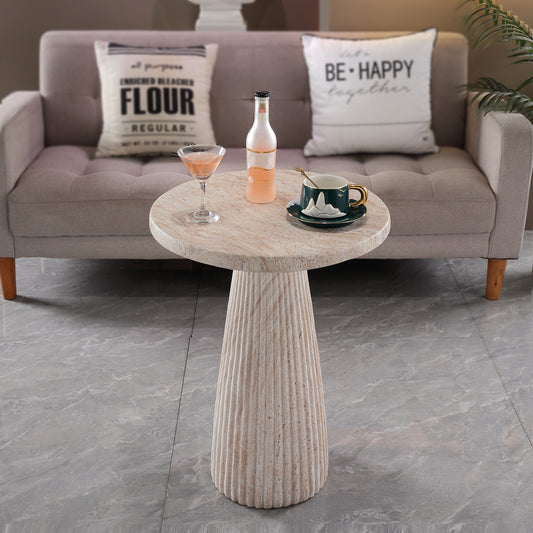 Fluted Pedestal Round Coffee Table, MgO Faux Travertine Accent Coffee Table, Indoor & Outdoor Decorative Table for Living Room Backyard Patio, Top Dia 17.91" x H 24.02"