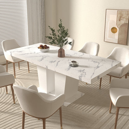 Extendable Dining Room Table for 6-10 Modern White Faux Marble Wooden Expandable Kitchen Table w/Dual Column Pedestal Base, Large Rectangle Dining Table