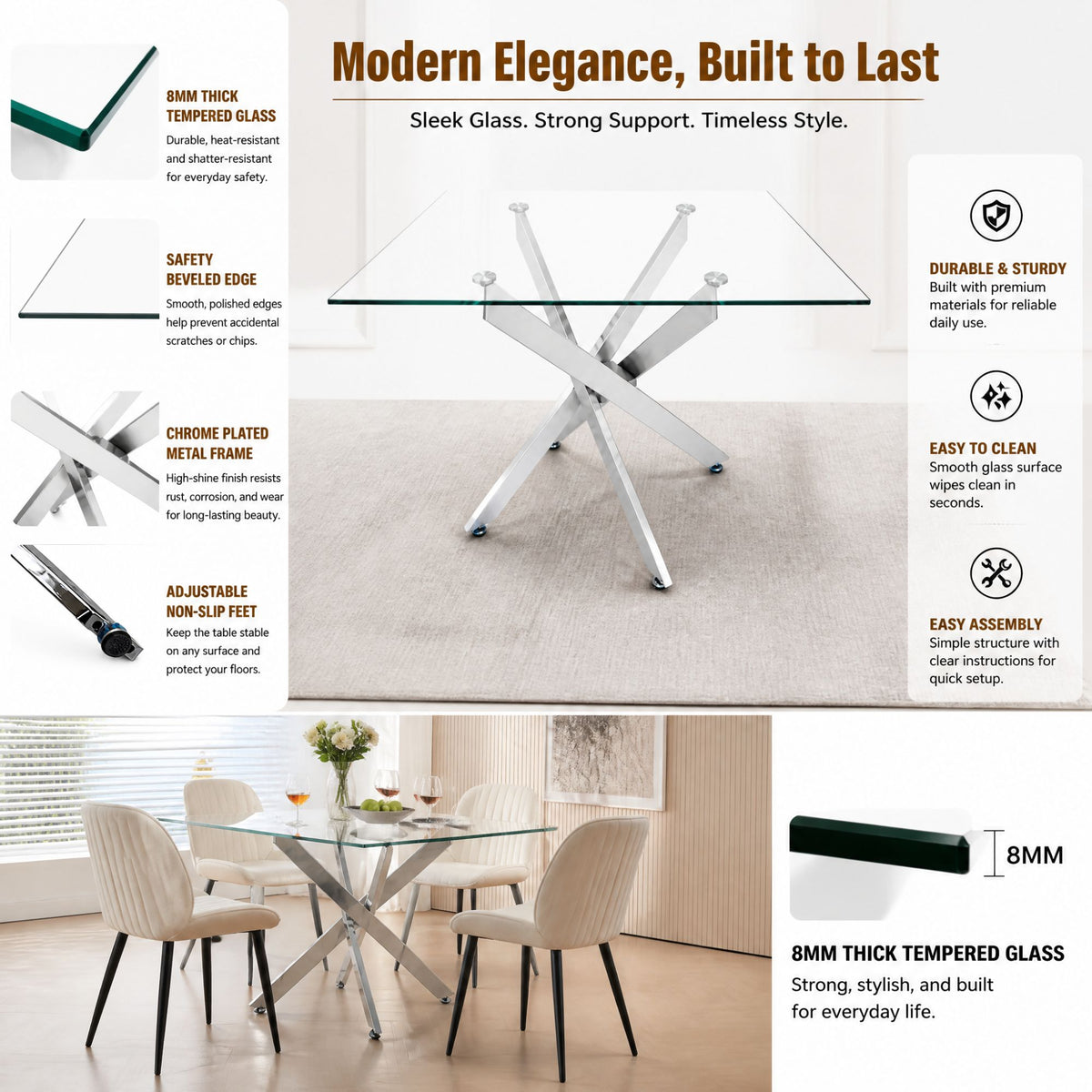 Modern Rectangular Glass Table, 47.24 Inches Of Tempered Glass With A Silver Frame.Kitchen Table Set for Dining Room, Party Table,Conference table,Living Room,Office,Cafe,Home Kitchen,Bedroom