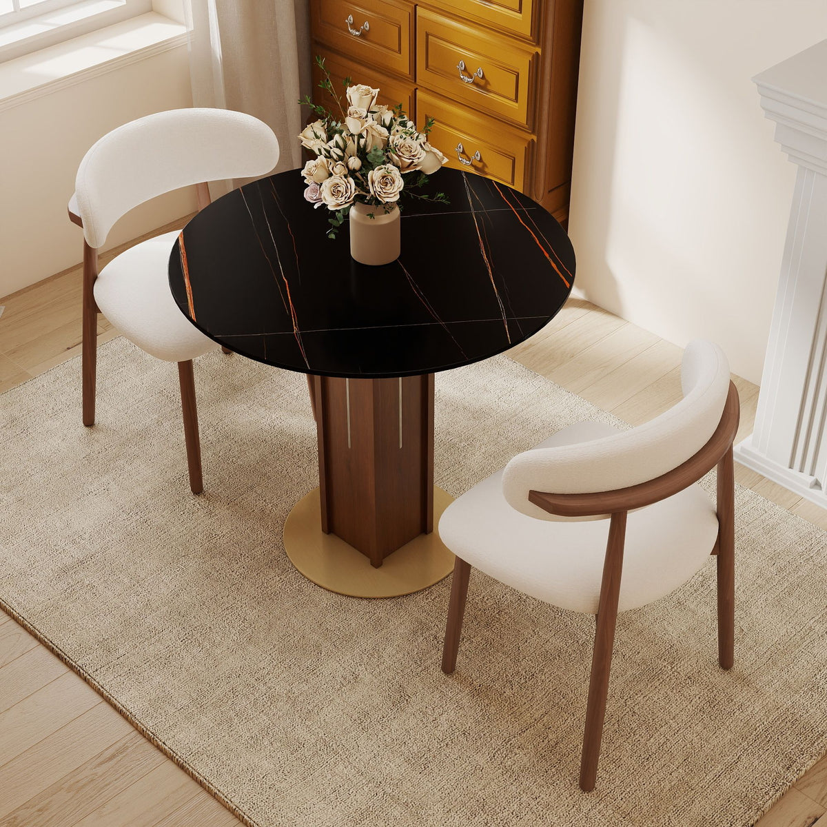 Φ85cm Round Slate Dining table, 12mm Black Desktop, Walnut Column, 2 - Person Kitchen Table for Small Space, 150lbs Weight Capacity(Only the Negotiation Table)