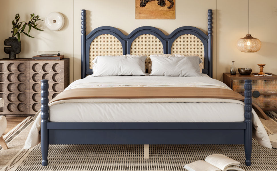 Queen Size Platform Bed with Arched Woven Headboard, Four Poster Stylish Wooden Bed Frame, Elegant Curved Headboard Bed Frame For Bedroom,Blue