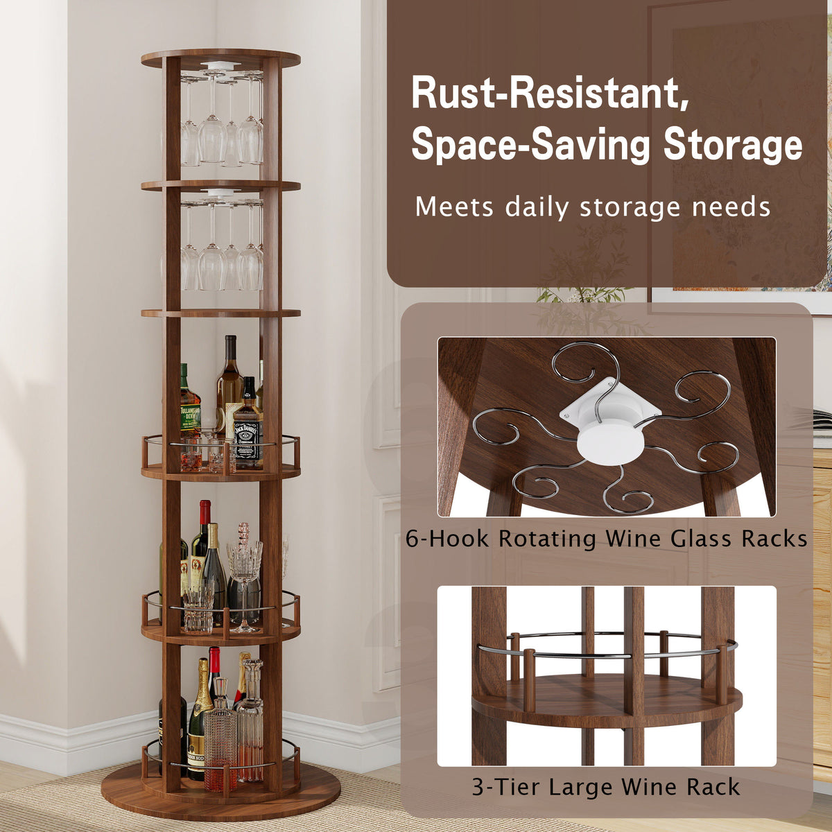 73" Tall Round Wine Rack, Freestanding Wine Bar Cabinet With 360° Rotating Design Wine Glass Rack, 360° Smooth Rotation & Stable Base, 3-Tier Storage Shelf, MDF & Metal, Walnut