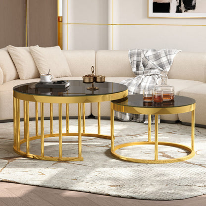 Round Nesting Coffee Table Set of 2, Modern Gold Metal Frame Circular Cocktail Table, Tempered Glass Top Accent Nesting Tables for Living Room, Apartment