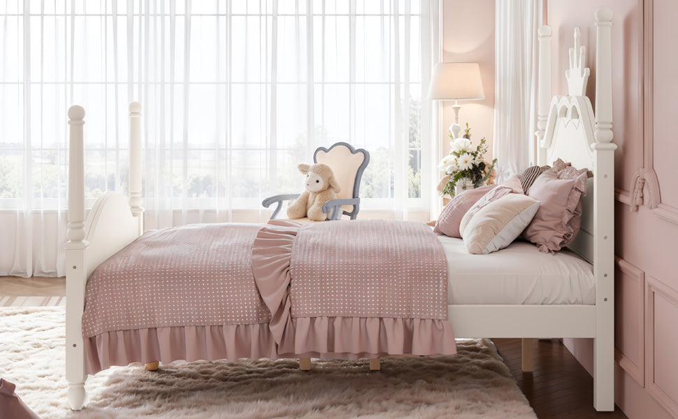 Full Size Crown Shaped Platform Bed, Four Poster Stylish Wooden Bed Frame, Elegant Curved Headboard Bed Frame For Bedroom,Beige