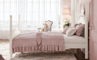 Full Size Crown Shaped Platform Bed, Four Poster Stylish Wooden Bed Frame, Elegant Curved Headboard Bed Frame For Bedroom,Beige