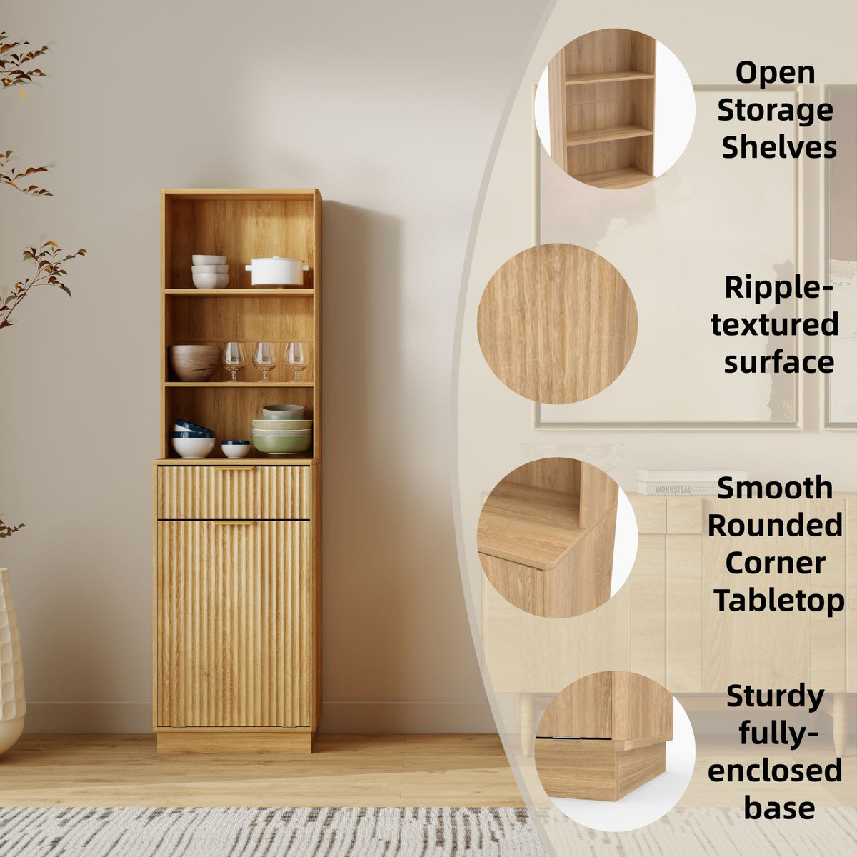 Tall Narrow Fluted Storage Cabinet with 10-Gallon Hidden Trash Bin Compartment, Freestanding Cabinet, Fixed Open Shelves & Drawer, Anti‑Tip for Kitchen Home‑Office Living Room (Trash Can NOT Included)