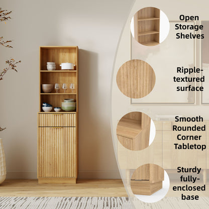 Tall Narrow Fluted Storage Cabinet with 10-Gallon Hidden Trash Bin Compartment, Freestanding Cabinet, Fixed Open Shelves & Drawer, Anti‑Tip for Kitchen Home‑Office Living Room (Trash Can NOT Included)