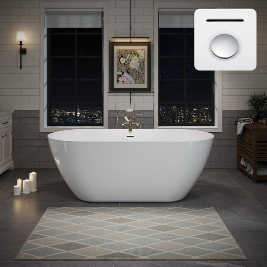 60" Acrylic Freestanding Bathtub, Oval Deep Soaking Contemporary Stand Alone Bath Tub with Pop-up Drain & Integrated Overflow