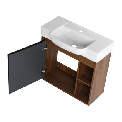 24'' Wall-Mounted Bathroom Vanity with White Ceramic Sink & Soft-Close Door, KD-Packing