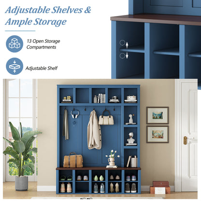 Farmhouse Wooden Hall Tree with 6 Hooks, Walnut Storage Bench with Adjustable Shelves, 4-in-1 Entryway Shoe Cabinet with Cubbies for Mudroom, Living Room, Blue (New Color of N721S000044K-1/B-1)