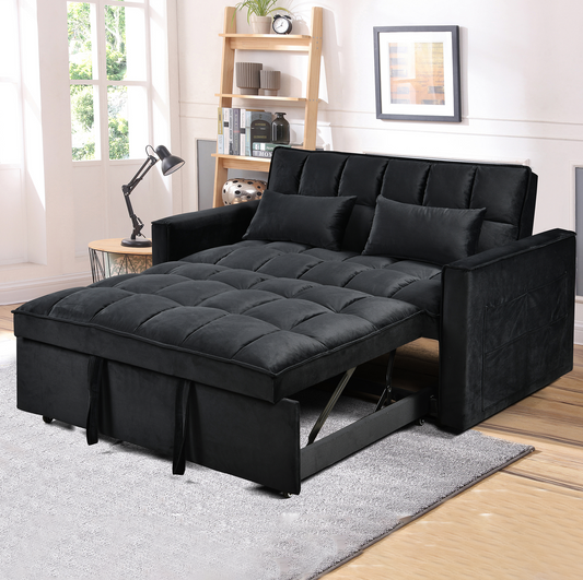 Modern Velvet Loveseat Futon Sofa Couch Pullout Bed, Small Love Seat Lounge Sofa w/Reclining Backrest, Toss Pillows, Pockets, Furniture for Living Room,3 in 1 Convertible Sleeper Sofa Bed