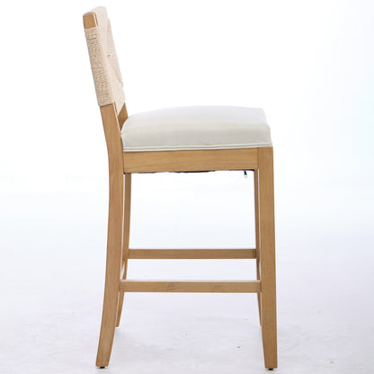 Hand‑Woven Rattan Counter Height Bar Stools Set of 2, 27 Inch Seat Height, Linen Upholstered Barstools with S‑Spring & High‑Density Sponge Cushion, Solid Wood Frame for Kitchen Island,SW1872MT
