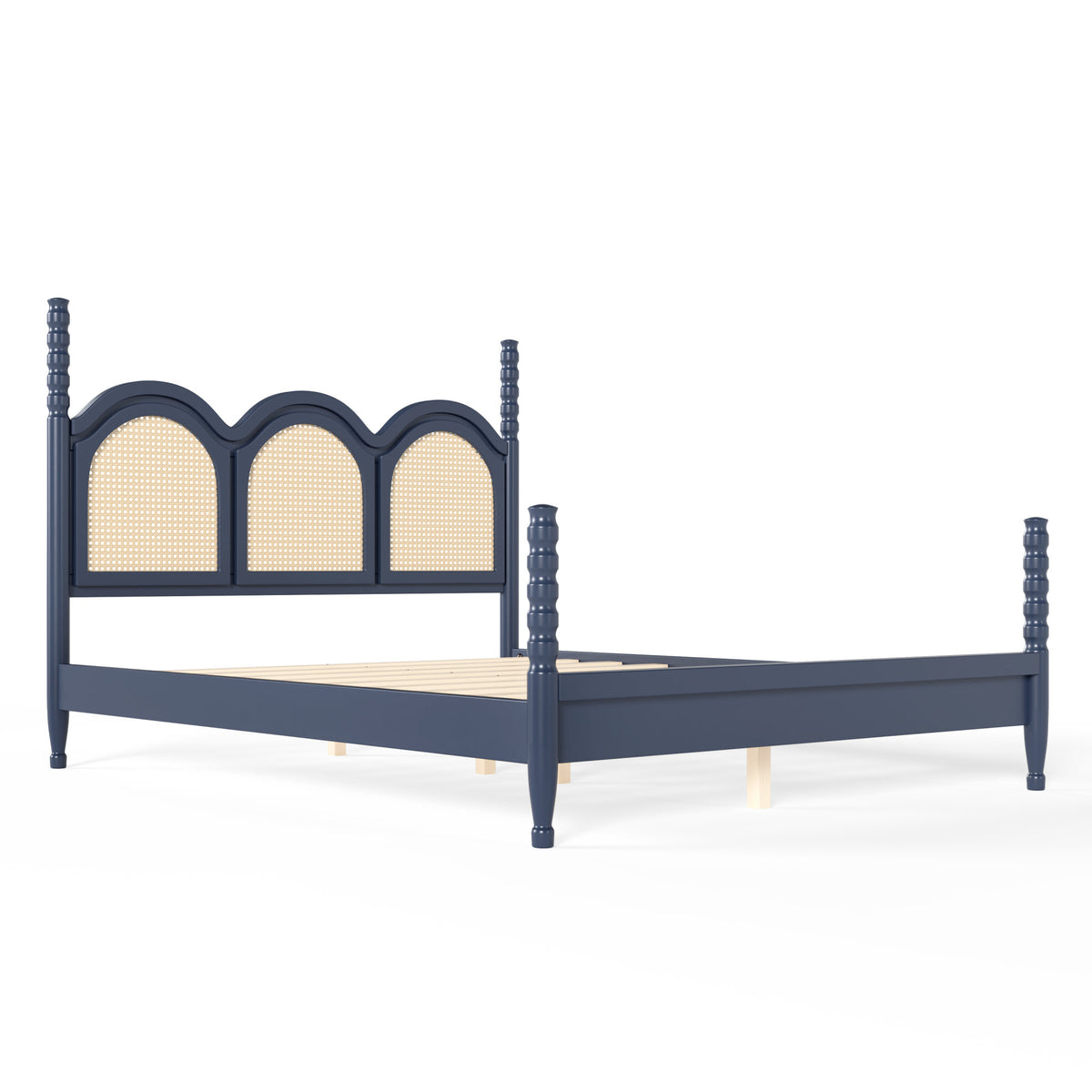 Queen Size Platform Bed with Arched Woven Headboard, Four Poster Stylish Wooden Bed Frame, Elegant Curved Headboard Bed Frame For Bedroom,Blue