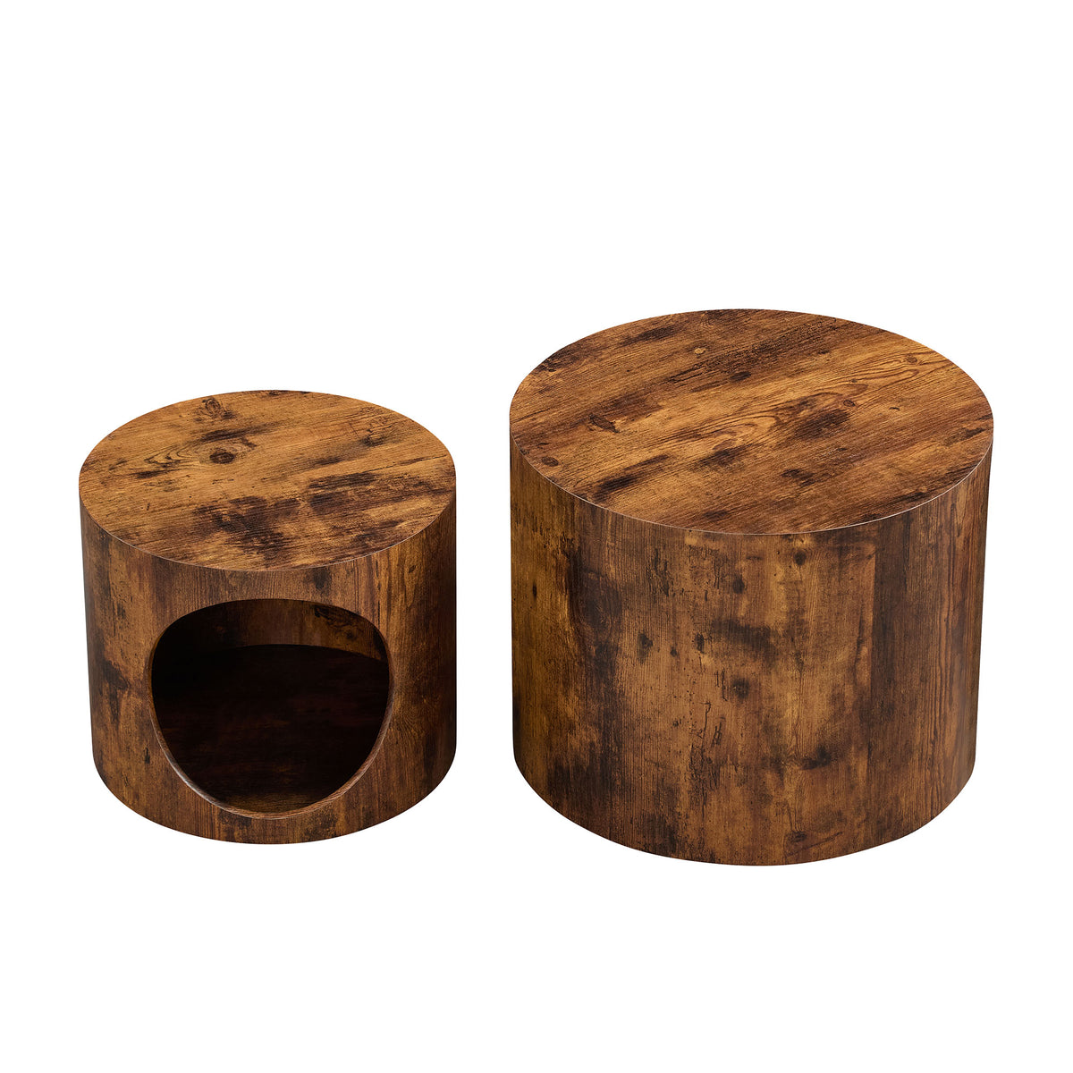Cat Nest Nesting Stool Set Round Nesting Coffee Table Set of 2 for Living Room,No Assembly Dark Brown