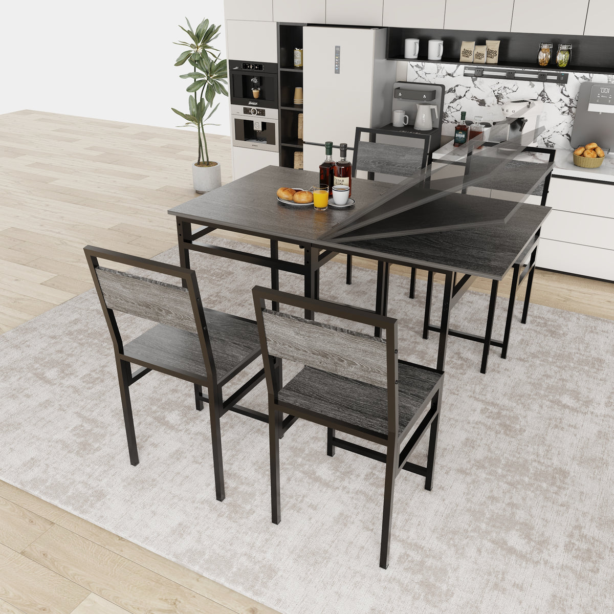 Extendable Dining Table Set with 4 Chairs, Industrial Rectangular Expandable Kitchen Table, Wood Grain Metal Frame Space Saving Dinner Furniture for Small Family Apartment