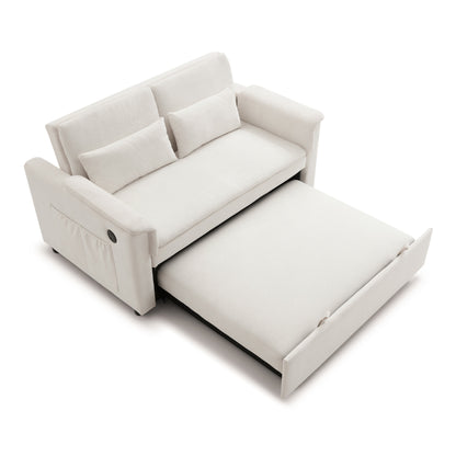 55' Velvet Two Seater Pull Out Sofa Bed, Adjustable Backrest With  USB Ports, Two Side Pockets, 3 in 1 Convertible Sleeper Sofa Bed, Modern Love Seat Lounge,2 waist pillows for living rooms,BEIGE