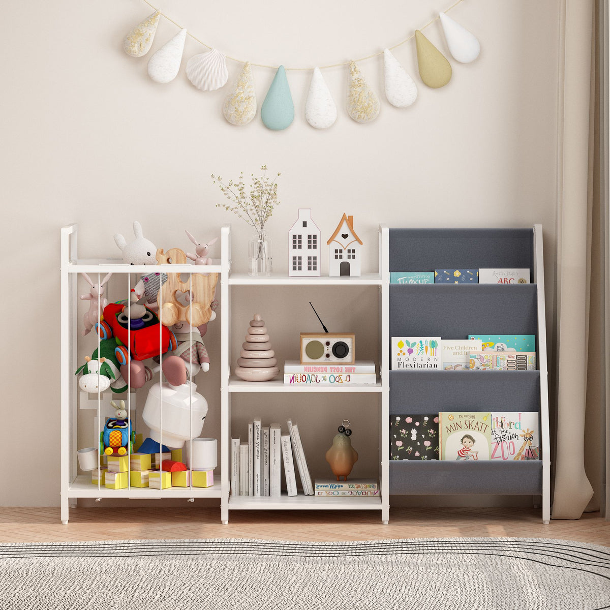 Kids Bookshelf and Toy Storage, 3-in-1 Book Shelf for Kids Rooms, Sling Baby Bookcase with Stuffed Animal Storage, Toddler Montessori Bookshelf for Nursery, Playroom, Kindergarten, Gray