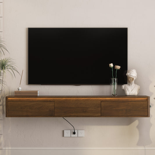 Floating TV Stand,Wall Mounted TV Shelf with Led Lights & Power Outlet,Fluted TV Cabinet for Wood tv Stands for Living Room