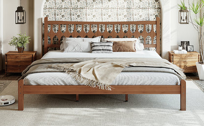 King Size Bamboo Platform Bed with Diamond-shaped headboard, Solid Bamboo-made Bed Frame with Support Slats, for Bedroom, Guest Rooms, Brown