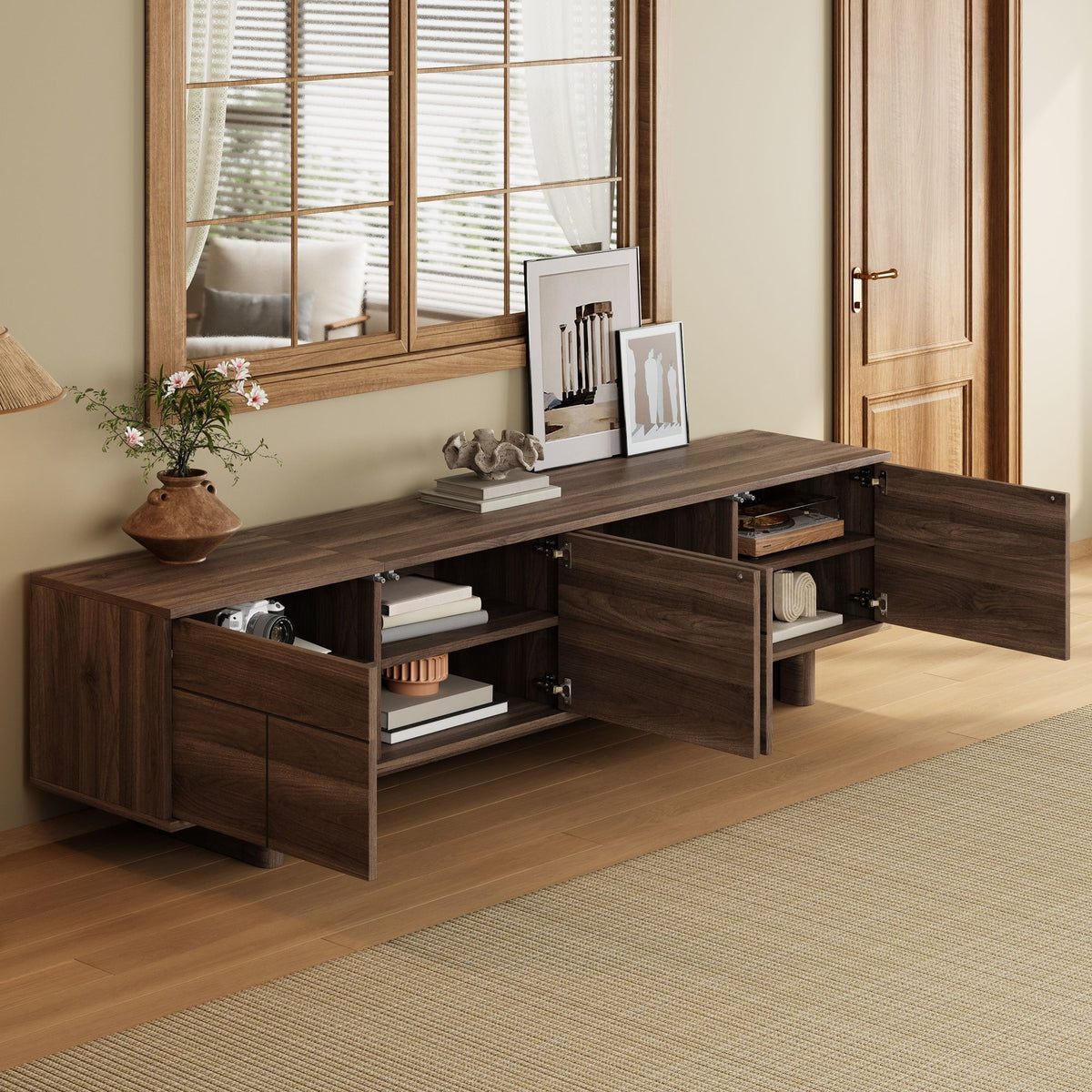 78 inch Modern TV Stand for TVs up to 85 inches, Entertainment Center with Solid Wood Legs, Cable Management, Push-Openers