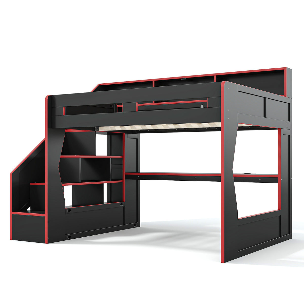 Queen Size Gaming Loft Bed with Storage Stair & Open Headboard Shelves, LED Light & USB Charging Desk, Elevated Loft Bed Frame with House-Shaped Cutout Design for Gamers,Black&Red