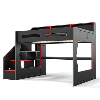 Queen Size Gaming Loft Bed with Storage Stair & Open Headboard Shelves, LED Light & USB Charging Desk, Elevated Loft Bed Frame with House-Shaped Cutout Design for Gamers,Black&Red