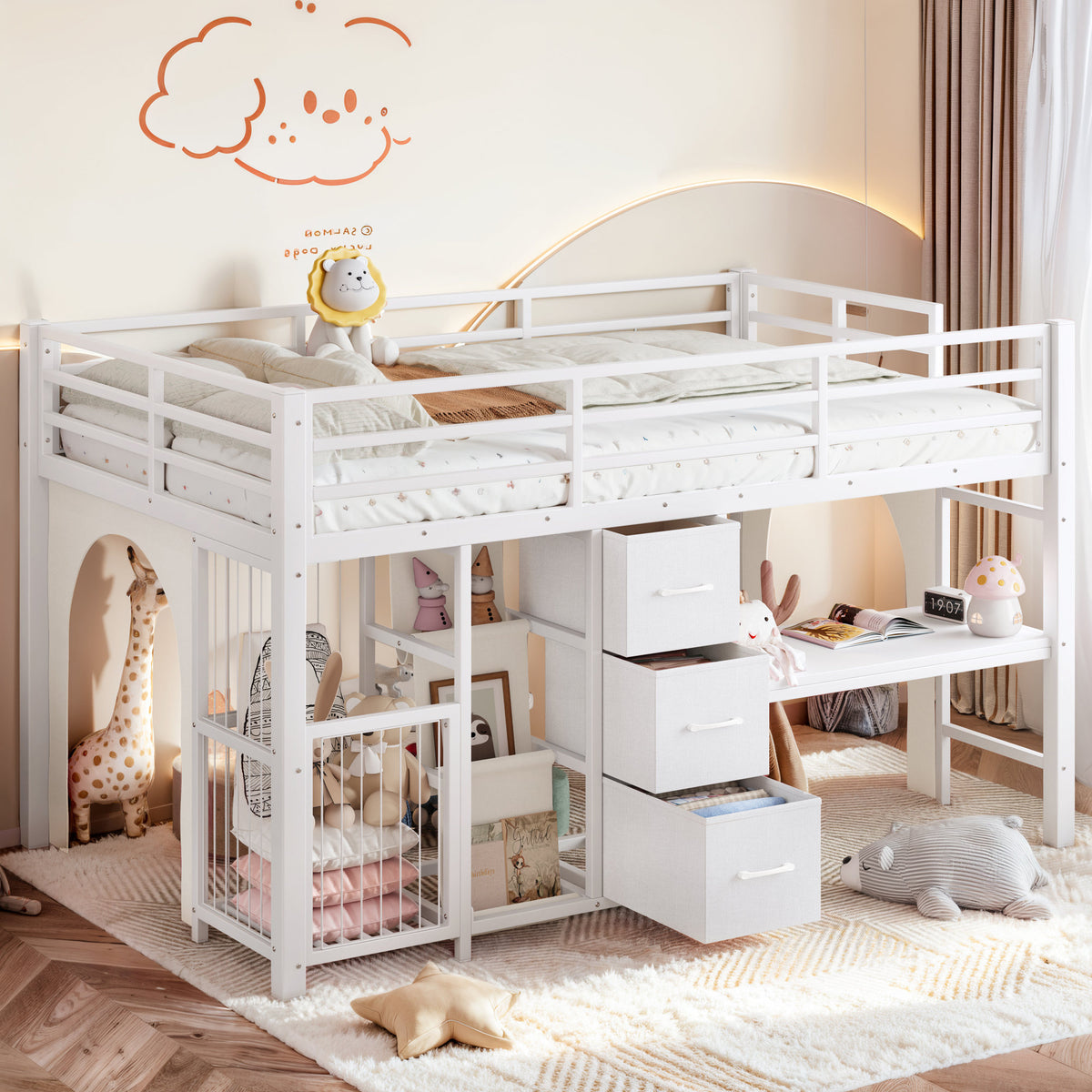 Twin Metal Low Loft Bed for Kids, Low Loft Bed with Storage Drawer, Low Loft Bed with Bookshelf & Built-in Desk, Sturdy Low Loft Bed Frame, Multi-Function Low Loft Bed for Kids.White