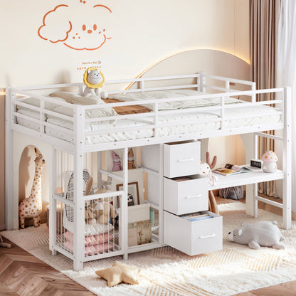 Twin Metal Low Loft Bed for Kids, Low Loft Bed with Storage Drawer, Low Loft Bed with Bookshelf & Built-in Desk, Sturdy Low Loft Bed Frame, Multi-Function Low Loft Bed for Kids.White