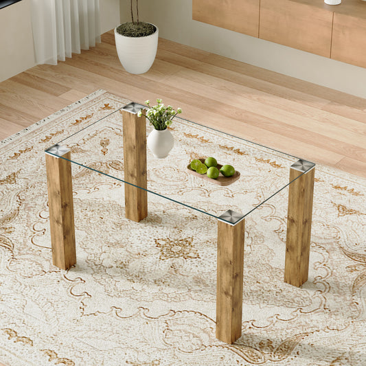 A 49.6 * 30 Inch Transparent Tempered Glass Dining Table With Rectangular Wood Color MDF Wood Grain Legs, Combining Simplicity And Quality.Can Easily Blend Into Various Decoration Styles.