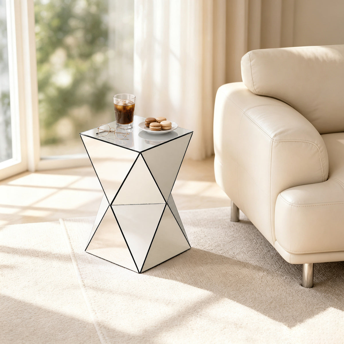 Silver Mirrored Geometric Side Table, Modern Luxe Accent End Table, Reflective Mirror Decorative Nightstand for Living Room, Bedroom, Sofa Side