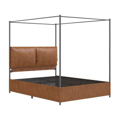 Queen Canopy Bed Frame,  Faux Leather Upholstered Bed with Metal Frame, Four Poster Platform Bed, No Box Spring Needed, Rustic Brown