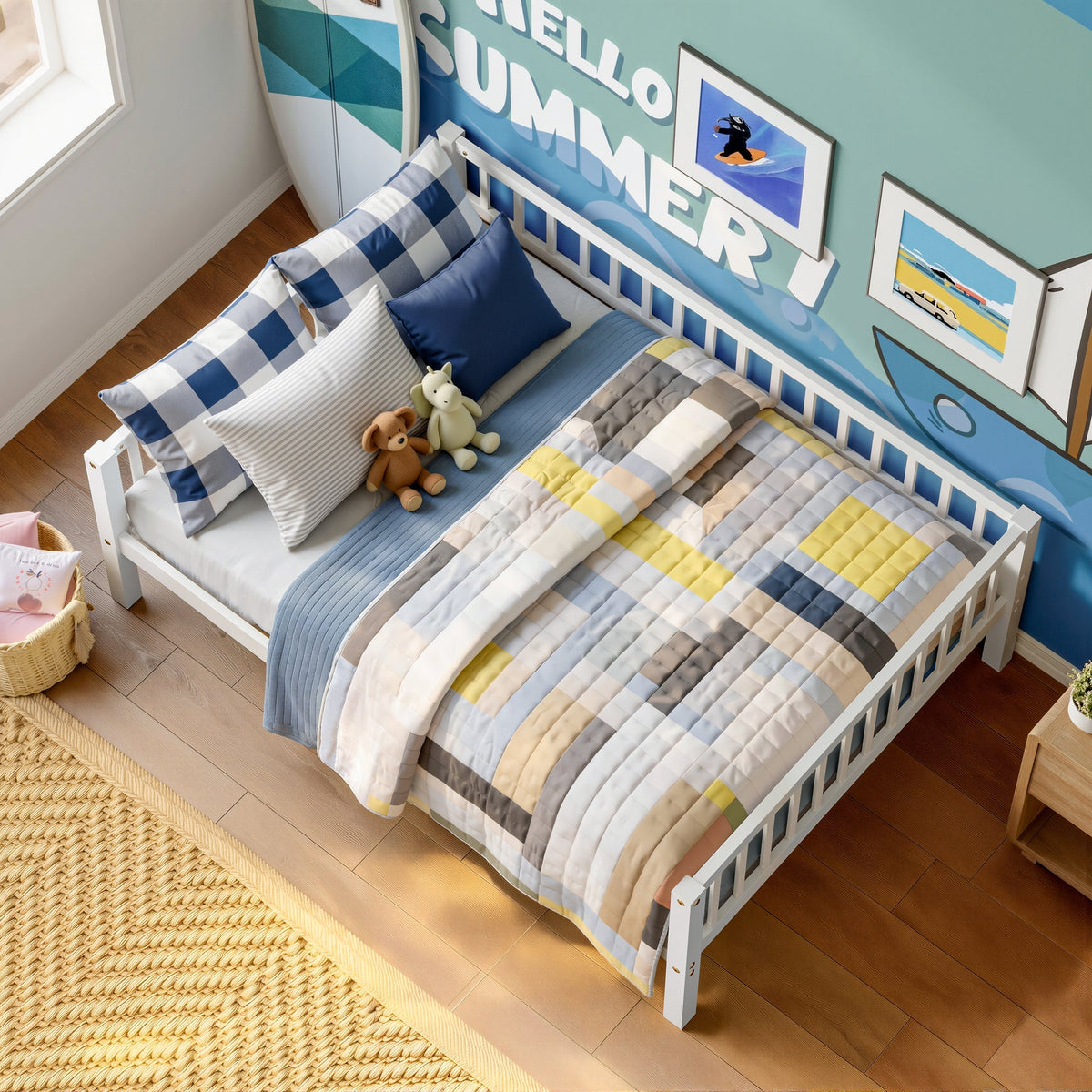 Full Size Daybed, 3-Sided Vertical Slat Guardrail Bed Frame, Breathable Wooden Slat Support Leisure Bed for Home Bedroom,White