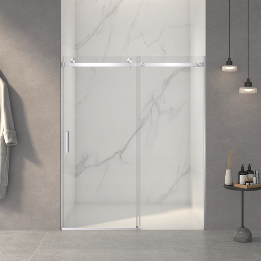 56-60'W x 72'H Frameless Sliding Shower Door,5/16' (8mm) Thick SGCC Tempered Clear Glass,Double Side Easy Clean Coat, Brushed Nickel Finished With Buffer