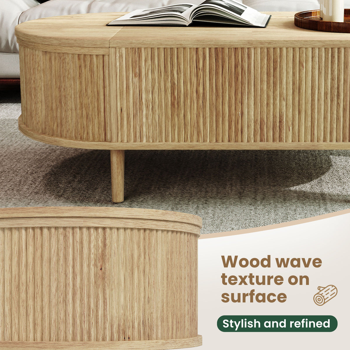 U-Can Minimalist Oval Lift-Top Coffee Table with Hidden Storage and Wood Wave Grain Finish