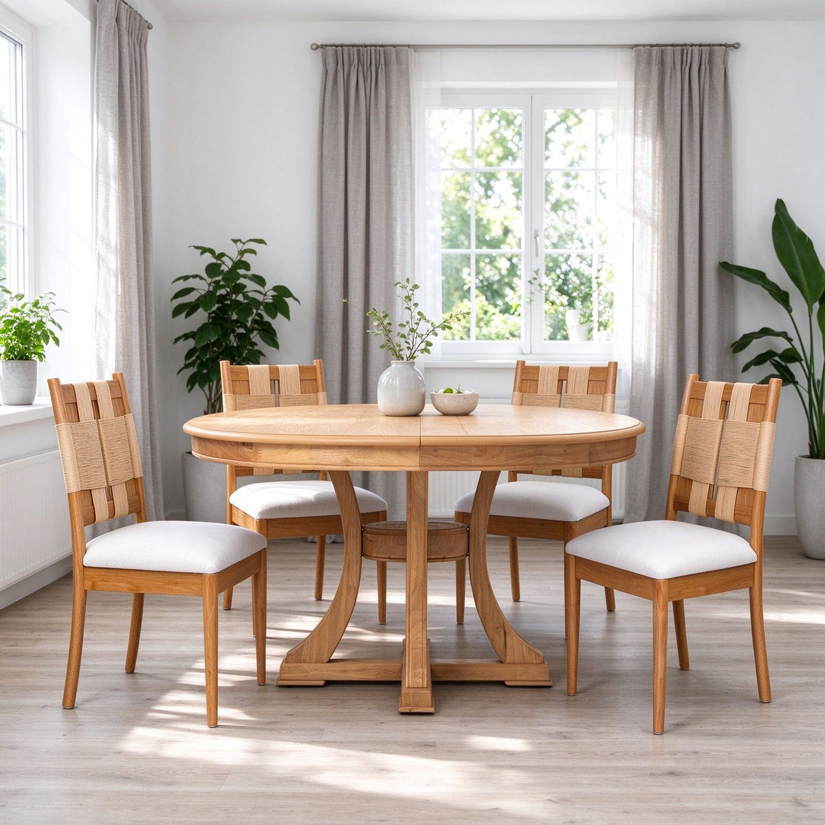 Solid Wood Round Extendable Dining Table 5-pieces Set with  Woven Back Dining Chairs,Natural Oak Finish Dinner Table Set with 4 Upholstered Cushion Seats for Kitchen Dining Room