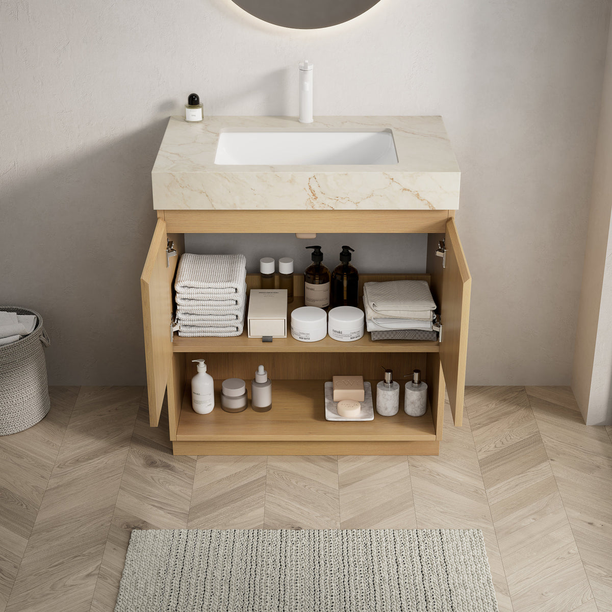 FINO 30" Bathroom Vanity&Sink,Freestanding Cabinet,Cream Gold Vein Sintered Stone Top&Ceramic Basin with 1 Pre-drilled Faucet Hole, Disassembled, Faucet & Drain Excluded, Corolla Oak Woodgrain Color