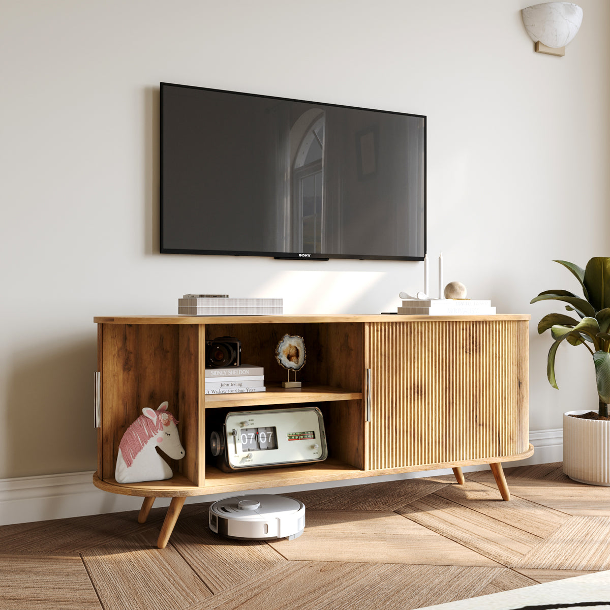 DFW 50 inch TV Stand with Power Outlet, Fluted Entertainment Center for TVs Up to 55 inch, Modern TV Console with Large Storage & Sliding Doors, Media Console for Living Room/Bedroom, Nature Oak