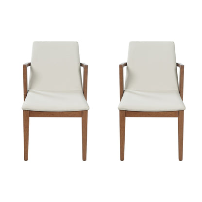 Mid-Century Modern Dining Chairs Set of 2 - Beige PU Upholstered Armchairs with Walnut Color Rubber Wood Frame, 250lbs Capacity for Kitchen & Dining Room