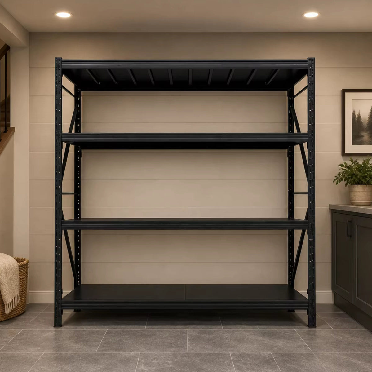 4-Tier Heavy Duty Storage Shelves, 70.87"W x 23.62"D x 71.26"H Metal Shelving Unit, 6000 LBS Capacity Industrial Steel Utility Rack, Adjustable Garage Shelving for Basement, Warehouse - Black