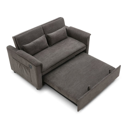 55" Velvet Two Seater Pull Out Sofa Bed, Adjustable Backrest With USB Ports, Two Side Pockets, 3 in 1 Convertible Sleeper Sofa Bed